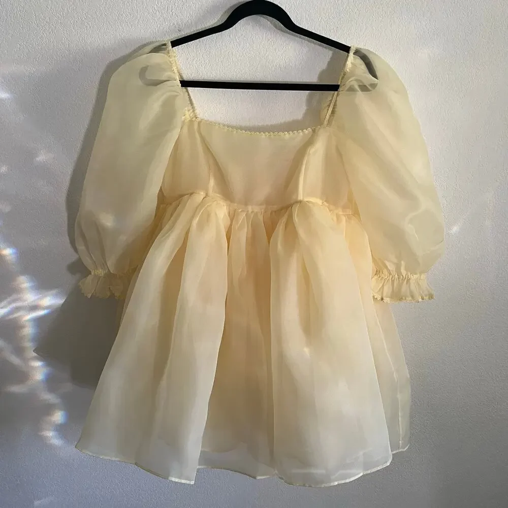 Selkie Baby Banana Puff Sleeve Layered Organza Mini Dress NWT